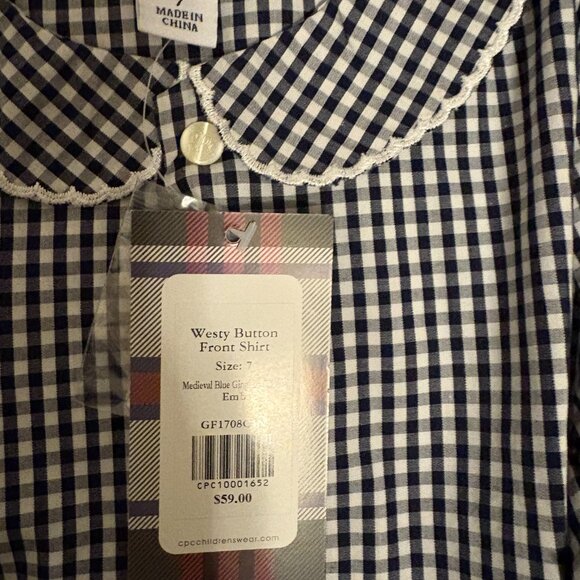 CPC Childrenswear Westy Button Front Shirt 7 Medieval Blue Gingham White NEW NWT - Picture 2 of 3